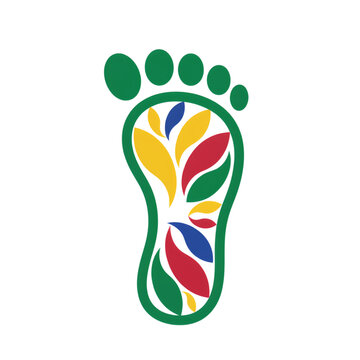 Colorful leaf pattern inside green footprint symbolizing nature  