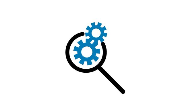 Search engine icon with magnifying glass and gear. Symbol of optimization, system process, data analysis, and technology concept illustration