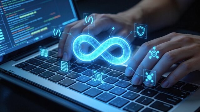 DevOps software development and cybersecurity concept with glowing infinity symbol over laptop keyboard,cloud computing automation and data protection technology background