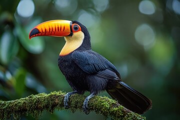 Fototapeta premium a colorful toucan with a bright orange beak and yellow throat perched on a moss-covered branch in a misty rainforest, calm and alert against a soft green bokeh background
