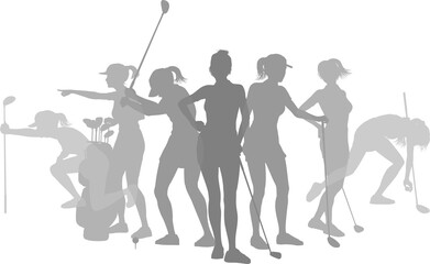 Silhouette golf player set. Active golfers golfing sports people healthy players fitness silhouettes concept.