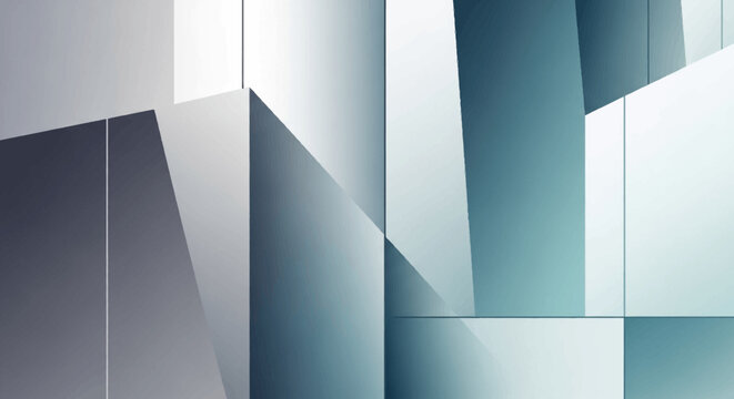 Abstract architectural composition depicting geometric shapes and subtle gradients of blue and grey