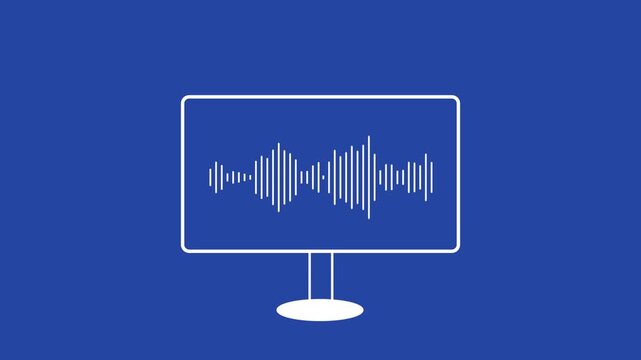 Computer monitor screen icon with sounds wave animated on a blue background. Audio waveform abstract music waves oscillation modern.