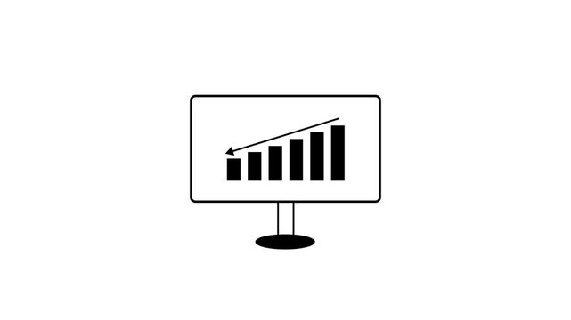 Computer monitor screen icon with business graph chart animated on a white background. Abstract financial bar chart shows cost reduction icon.