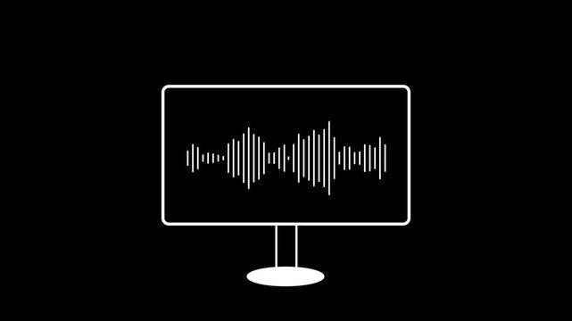 Computer monitor screen icon with sounds wave animated on a black background. Audio waveform abstract music waves oscillation modern.