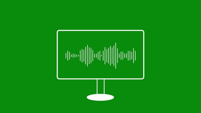 Computer monitor screen icon with sounds wave animated on a green background. Audio waveform abstract music waves oscillation modern.