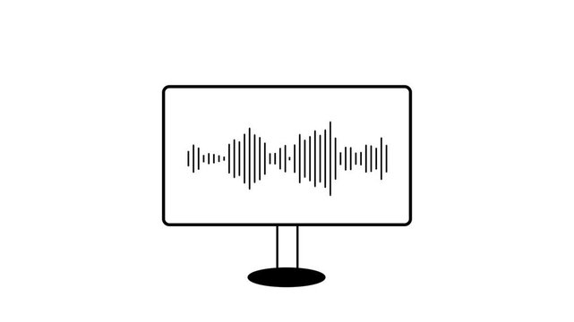 Computer monitor screen icon with sounds wave animated on a white background. Audio waveform abstract music waves oscillation modern.