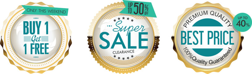 Three gold and teal discount labels for buy one get one free, sale, and best price