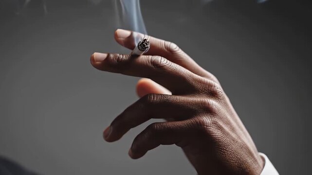 Closeup of a persons hand holding a lit cigarette exhaling smoke in a dimly lit environment conveying a moment of reflection or stress.