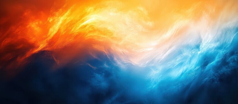 Swirling abstract fusion of fiery orange and cool blue waves meeting in a luminous center, evoking energy, contrast, and serene intensity