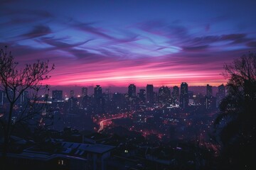 Fototapeta premium Breathtaking cityscape at dusk, featuring a vibrant purple and pink sky over illuminated buildings and winding roads
