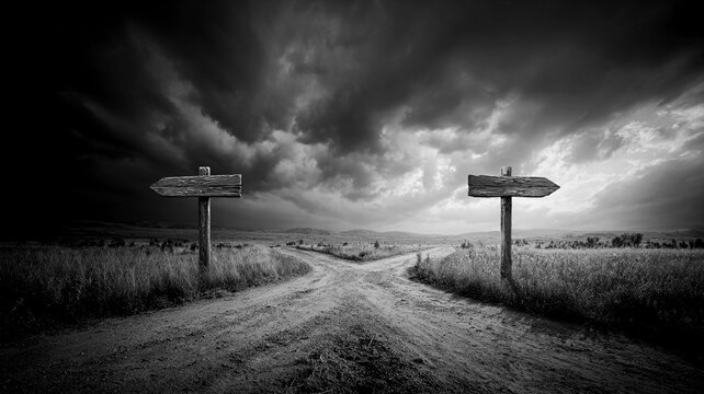 A weathered wooden signpost stands at the center of a forked dirt road. - arrows pointing in opposite directions.