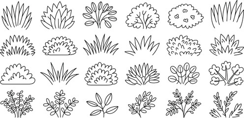 Set of various minimalist plant and shrub sketches black outline vector illustration icons for garden landscaping nature and outdoor designs. © ALEX BIN