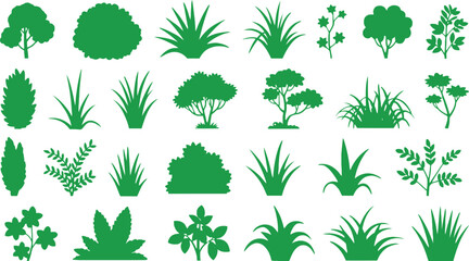 Set of various green plant and shrub silhouettes vector illustration icons for garden landscaping nature and outdoor environment themed designs. © ALEX BIN