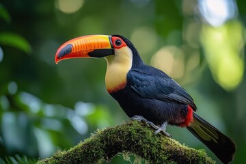 Fototapeta premium vibrant toucan with large orange beak perched on mossy branch in lush green rainforest, alert and calm against soft bokeh background