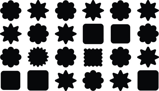 Set of various black starburst and scalloped circle badge silhouettes vector illustration icons for sale price tags and promotional stickers.