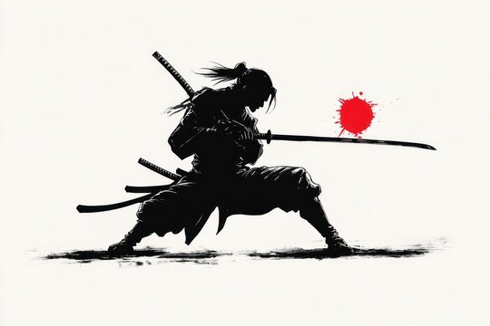silhouette of a samurai in a low combat stance holding a katana with two swords on their back, ink brushstroke style with a red splatter sun, intense focused determination