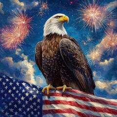 Naklejka premium Majestic bald eagle perched on a waving American flag beneath a night sky of fireworks, proud and triumphant celebration mood