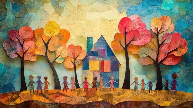 colorful paper-cut community scene with a patchwork house, stylized autumn trees and a line of people holding hands conveying warm joyful togetherness