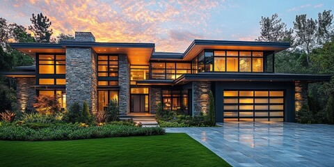 Fototapeta premium Illuminated modern two-story stone and glass house with large windows, attached garage, wet tiled driveway, manicured lawn, lush landscaping and trees at sunset with a warm inviting glow