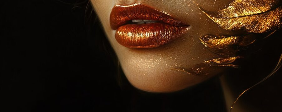 Close-up of sensual lower face with metallic copper-gold lips, shimmering glitter skin and gold leaf accents conveying glamour and mystery