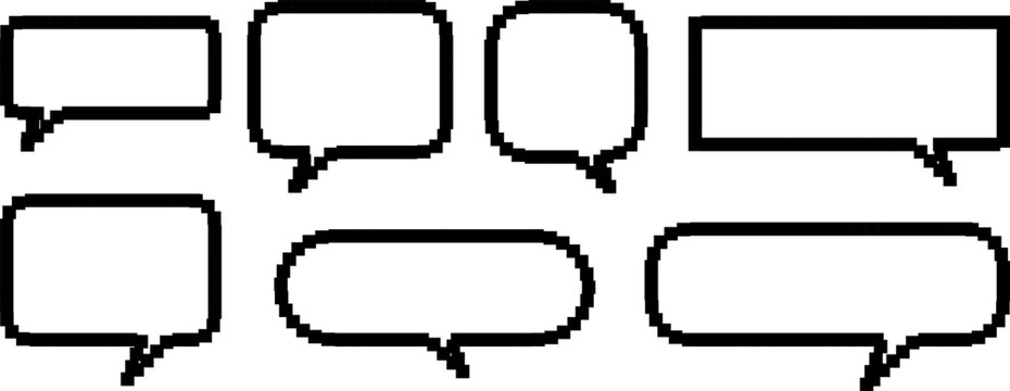 Pixel text boxes. Empty pixelated frame collection. Retro 8 bit border speech chat bubble, shape pack, message, talk balloon. Vector illustration