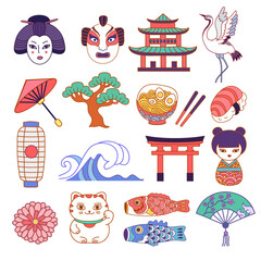 big set of  color vector hand drawn japanese icons