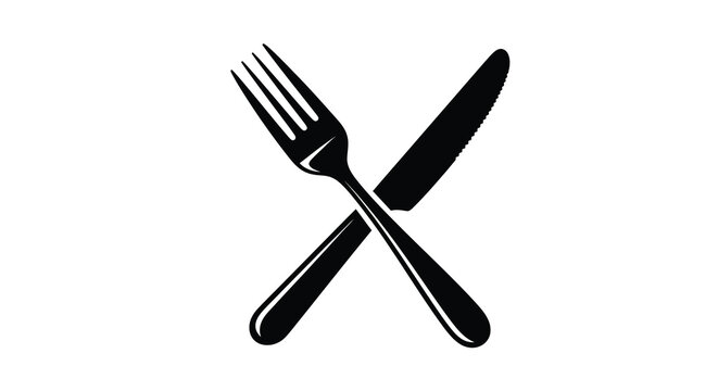 Black fork and knife crossed a simple dining utensil silhouette