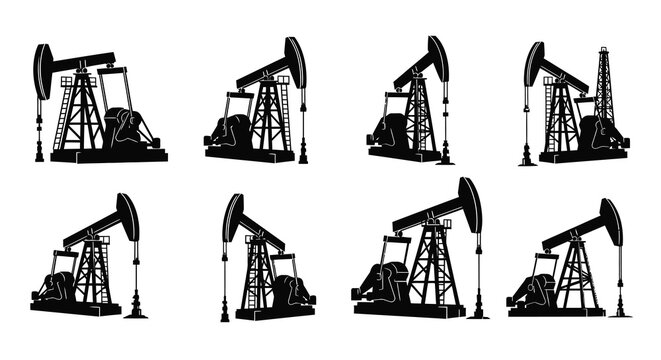 Multiple oil pump jacks displayed in a stark black silhouette