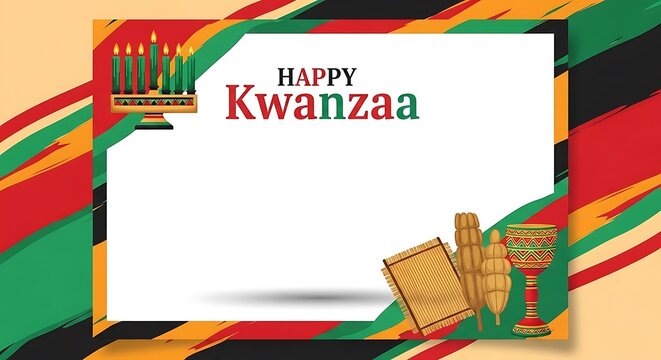 Happy Kwanzaa Celebration with Kinara and Symbols on Colorful Background.