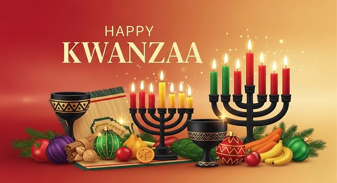 Happy Kwanzaa Celebration with Kinara and Traditional Symbols.