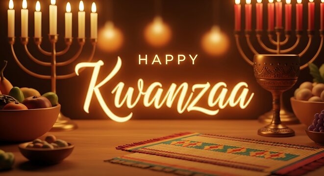 Happy Kwanzaa Celebration with Menorah and Traditional Symbols.