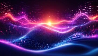 Fototapeta premium vibrant neon particle wave landscape with glowing central horizon sun, rolling dotted mesh and sparkling data streams evoking futuristic energy and mesmerizing motion