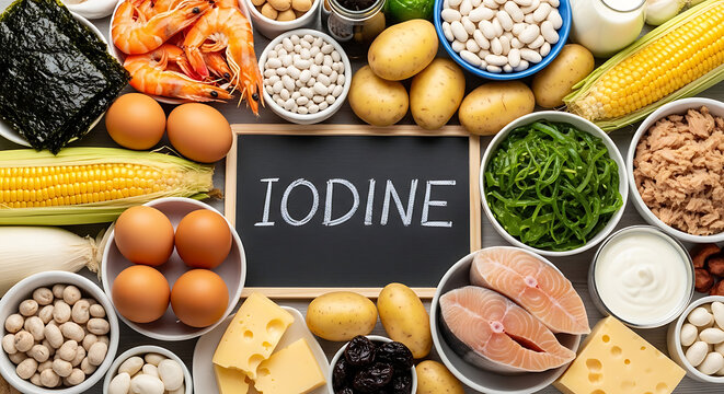 Assorted food items rich in iodine arranged around a chalkboard with the word iodine written on it beautifully
