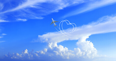 Horizontal background with aircraft on cloudy sky. Airplane drawing a heart in sky. Jet flight route of aircraft in shape of a heart in blue sky. Topic of holiday, travel, trip abroad on vacation
