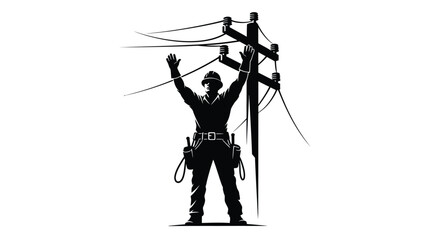 Lineman working on high voltage power lines a striking black silhouette © Digonto