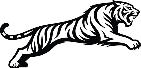 Leaping Tiger Silhouette Illustration in Black and White, Fierce Wild Big Cat Vector Artwork for Mascot Logo, Tribal Design and Wildlife Branding