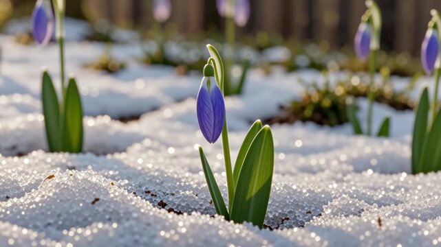 Purple-blue snowdrops grow from under the snow in spring