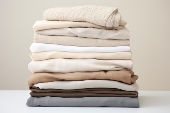 Stack of folded beige, brown, grey and white clothes on white table against beige background