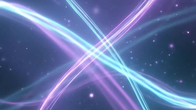 Vibrant blue and purple glowing light trails intertwine in a dynamic abstract