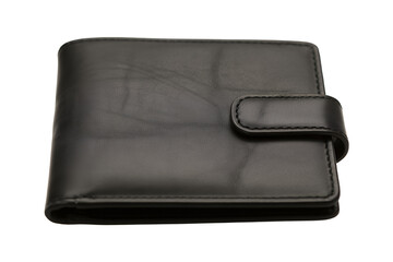 Fototapeta premium Black leather wallet with strap isolated on a transparent background