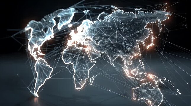 Global network connections visualized on a world map with glowing lines and nodes indicating major hubs and communication pathways