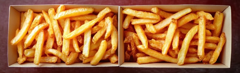 Two rectangular cardboard trays overflowing with golden crispy french fries on a dark tabletop, appetizing and indulgent
