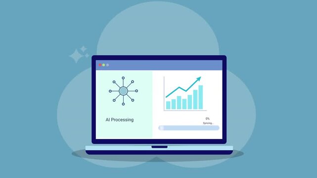Animated laptop displaying business analytics dashboard with network nodes and upward bar chart. Concept of data connectivity, KPI tracking, digital growth, and corporate performance reporting.