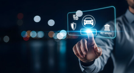 Obraz premium Businessman touching futuristic car insurance hologram interface with city bokeh symbolizing digital auto service and vehicle protection