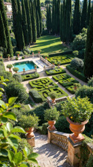 Elegant Italian Renaissance garden with manicured hedges, swimming pool, and cypress trees