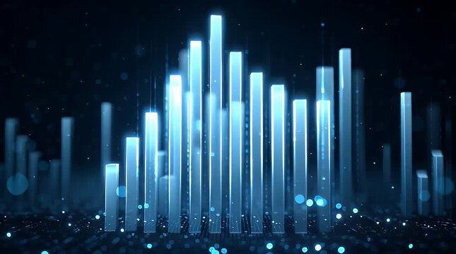 Digital blue bars rising in a futuristic landscape, showcasing data visualization, technology, and analytics in a dark environment from a low viewpoint
