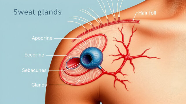 Sweat glands (apocrine, eccrine) and sebaceous gland. Cross section of the Human skin with hair follicle, blood vessels and glands.