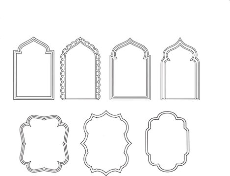 Islamic Arch Frames and Decorative Borders Collection Vector Set - 7 Moorish Architecture Outline Designs with Ornamental Details