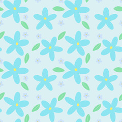 Soft Blue Flowers Seamless Pattern with Green Leaves